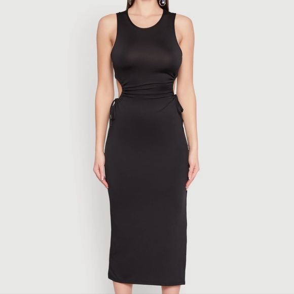 Ambiance black sleeveless drawstring side cut out midi dress - Picture 4 of 11